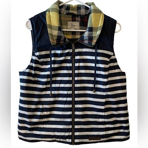 Bass & Co. Petite L. Navy & white Stripe and plaid quilted vest casual vacation - Picture 1 of 12